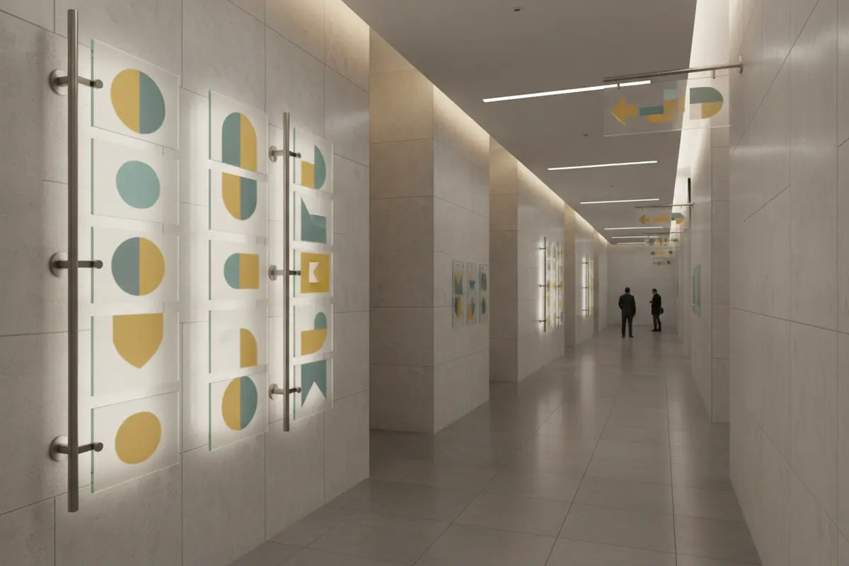 Lobby identity sign coordinated with a directory and directional signs along a commercial building corridor