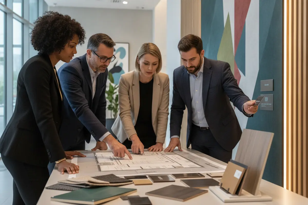 Project team reviewing a lobby sign placement mockup against an interior wall finish